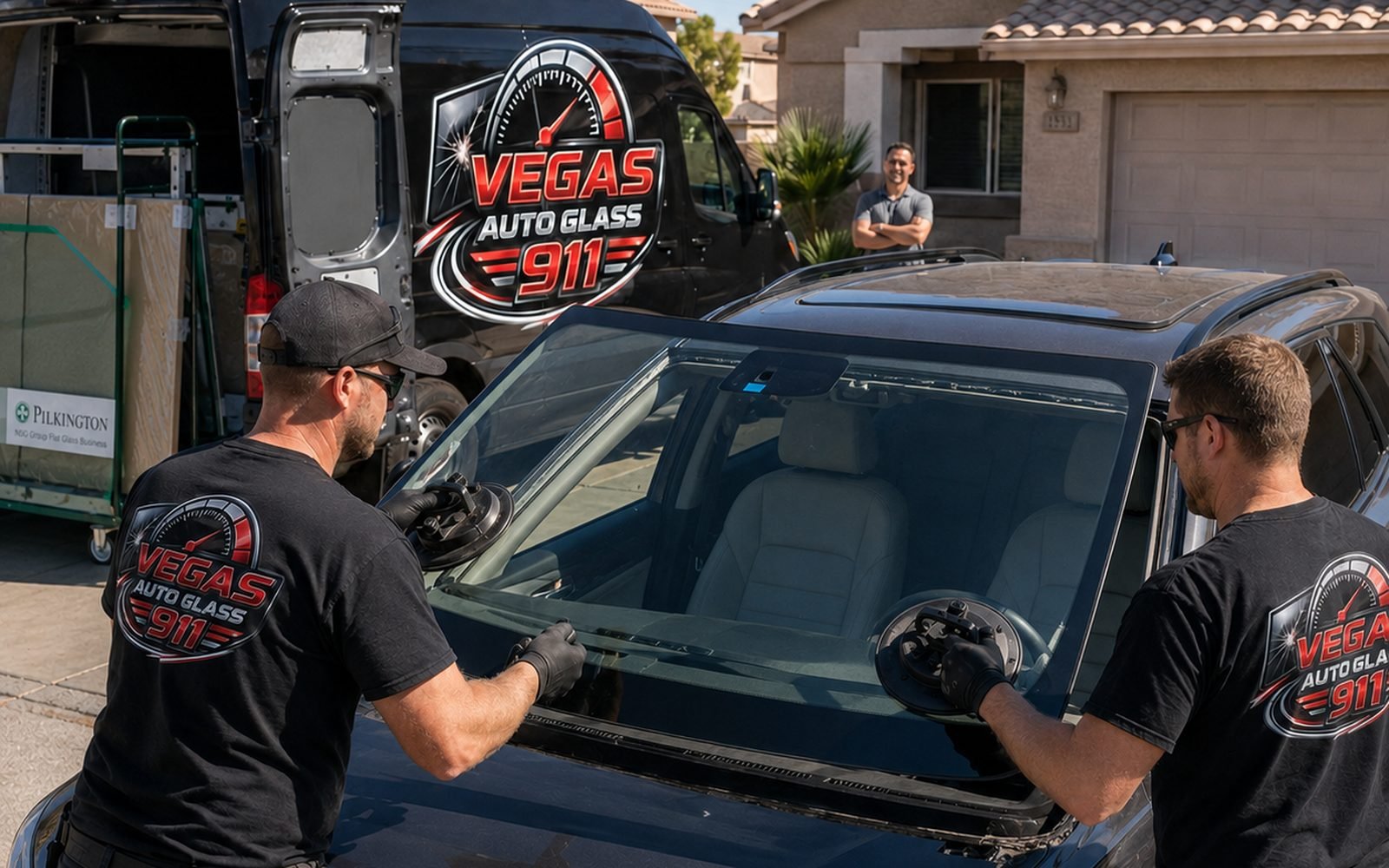 Two Vegas Auto Glass 911 technicians installing a replacement windshield at a customer's home in Las Vegas, with the branded service van behind them