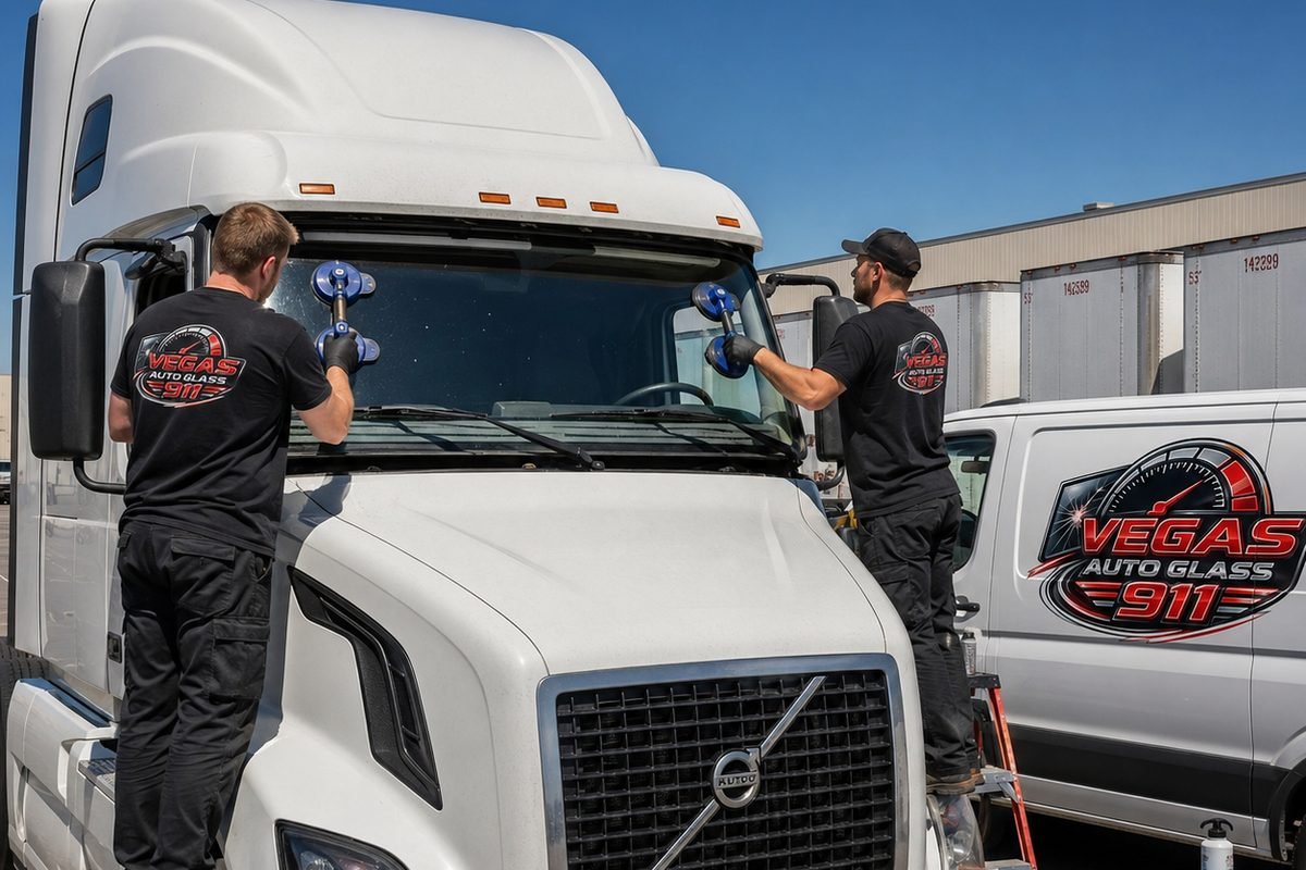 Two Vegas Auto Glass 911 technicians replacing a windshield on a semi-truck, with the branded service van parked alongside